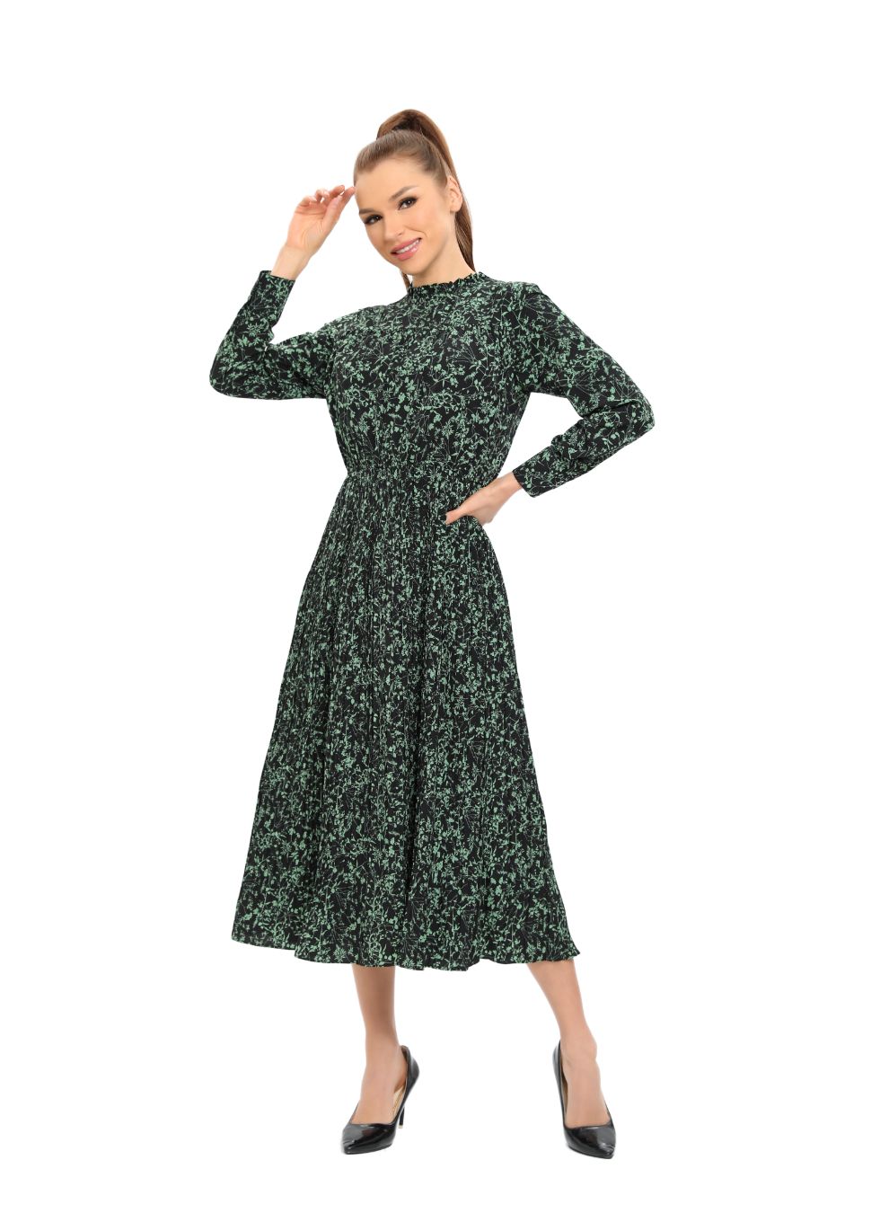 Long Sleeve Micro Pleated Skirt Midi Dress - MissFinchNYC