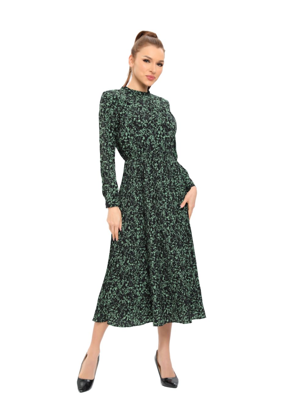 Long Sleeve Micro Pleated Skirt Midi Dress - MissFinchNYC