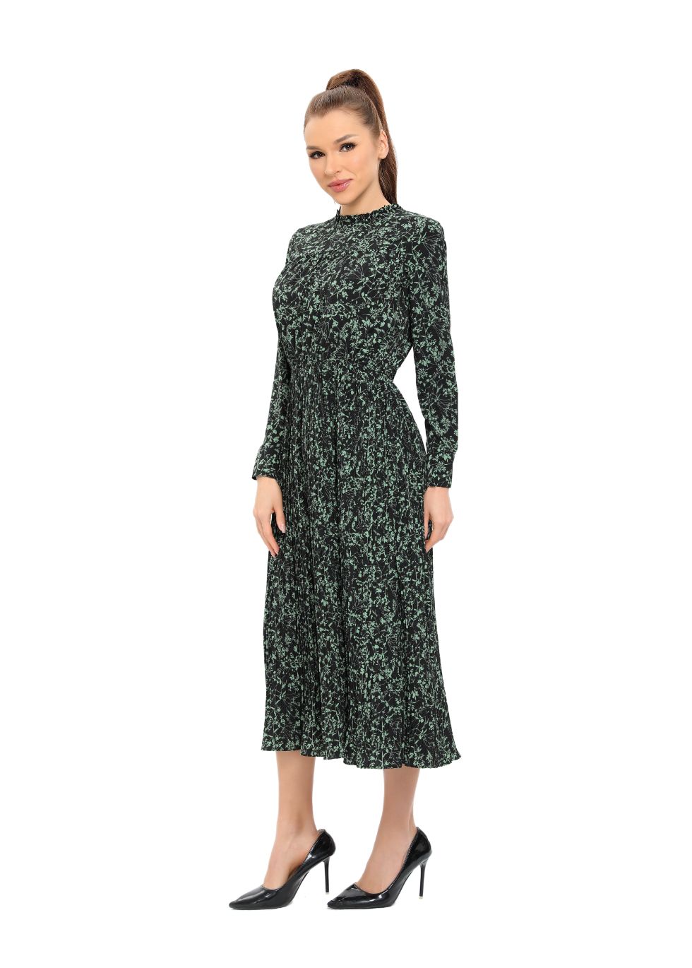 Long Sleeve Micro Pleated Skirt Midi Dress - MissFinchNYC
