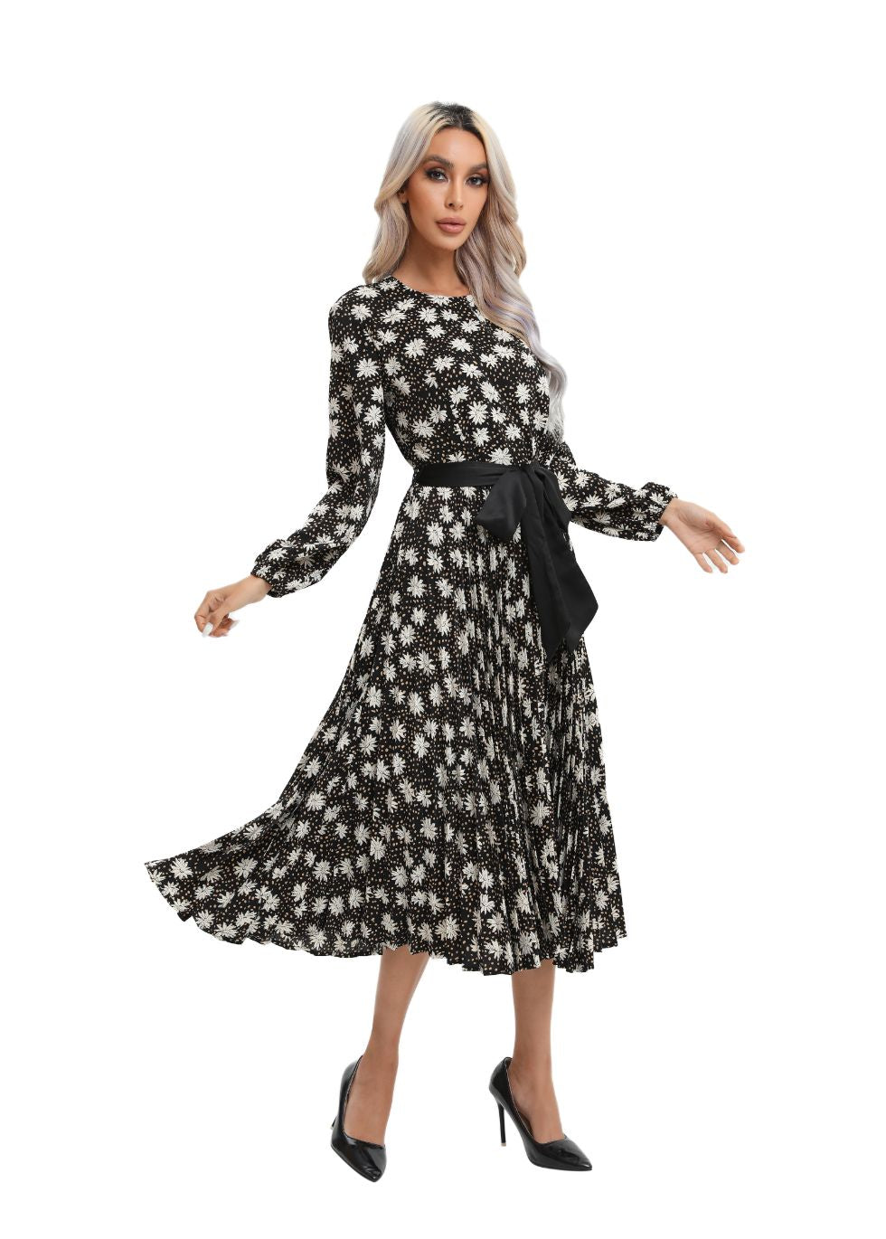 Modest Floral Midi Dress with Front Tie - MissFinchNYC