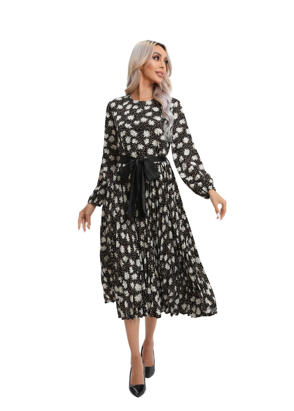 Modest Floral Midi Dress with Front Tie - MissFinchNYC