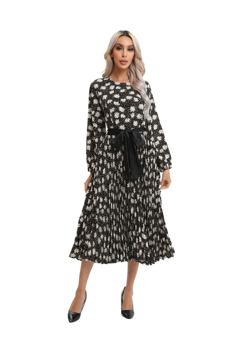 Modest Floral Midi Dress with Front Tie - MissFinchNYC