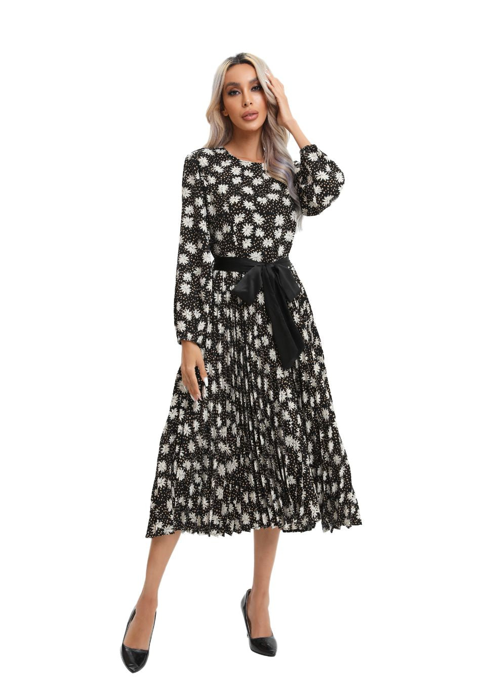Modest Floral Midi Dress with Front Tie - MissFinchNYC