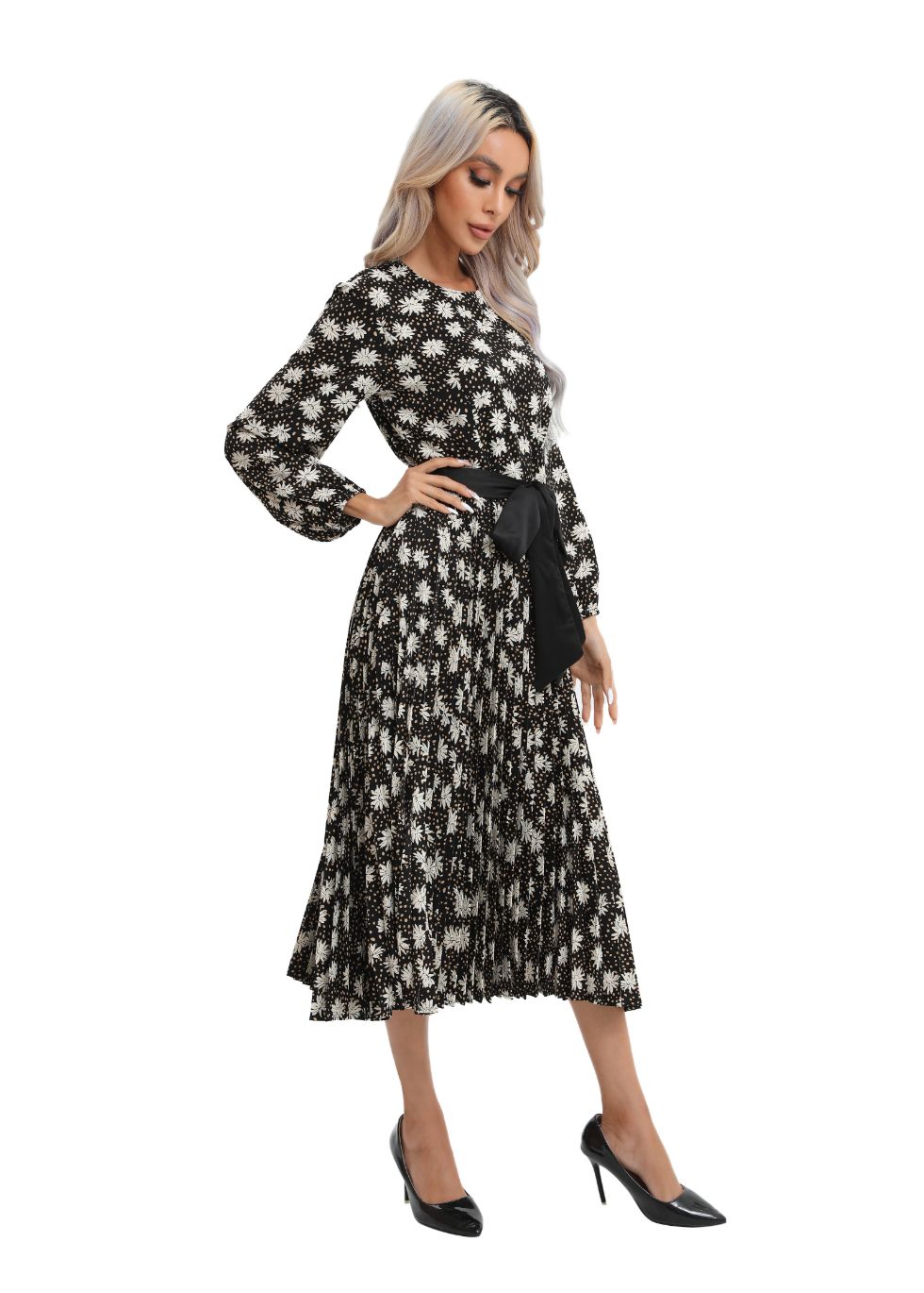 Modest Floral Midi Dress with Front Tie - MissFinchNYC