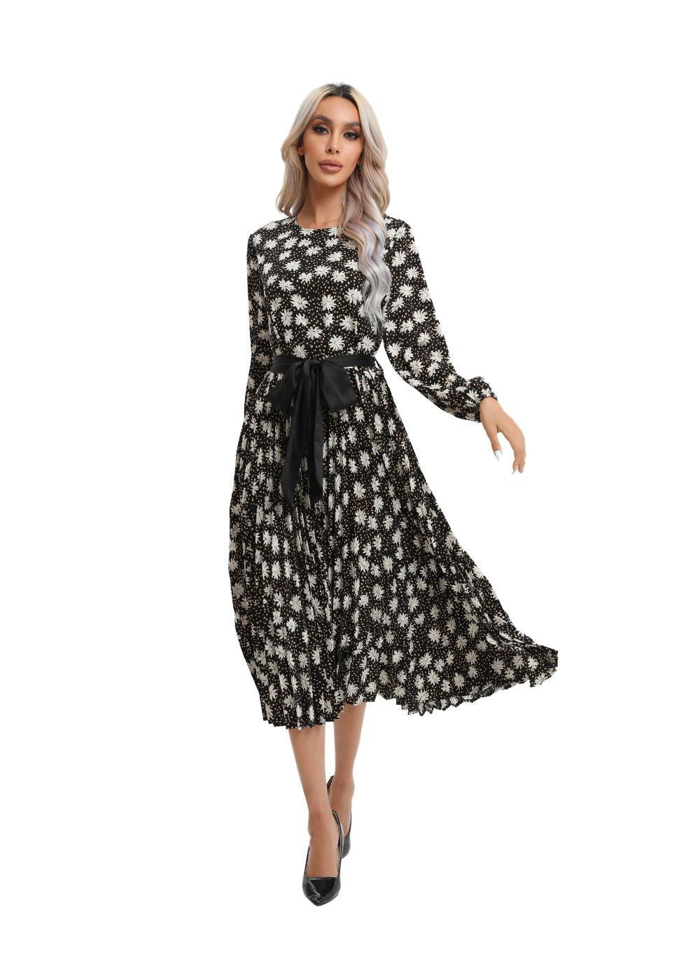 Modest Floral Midi Dress with Front Tie - MissFinchNYC