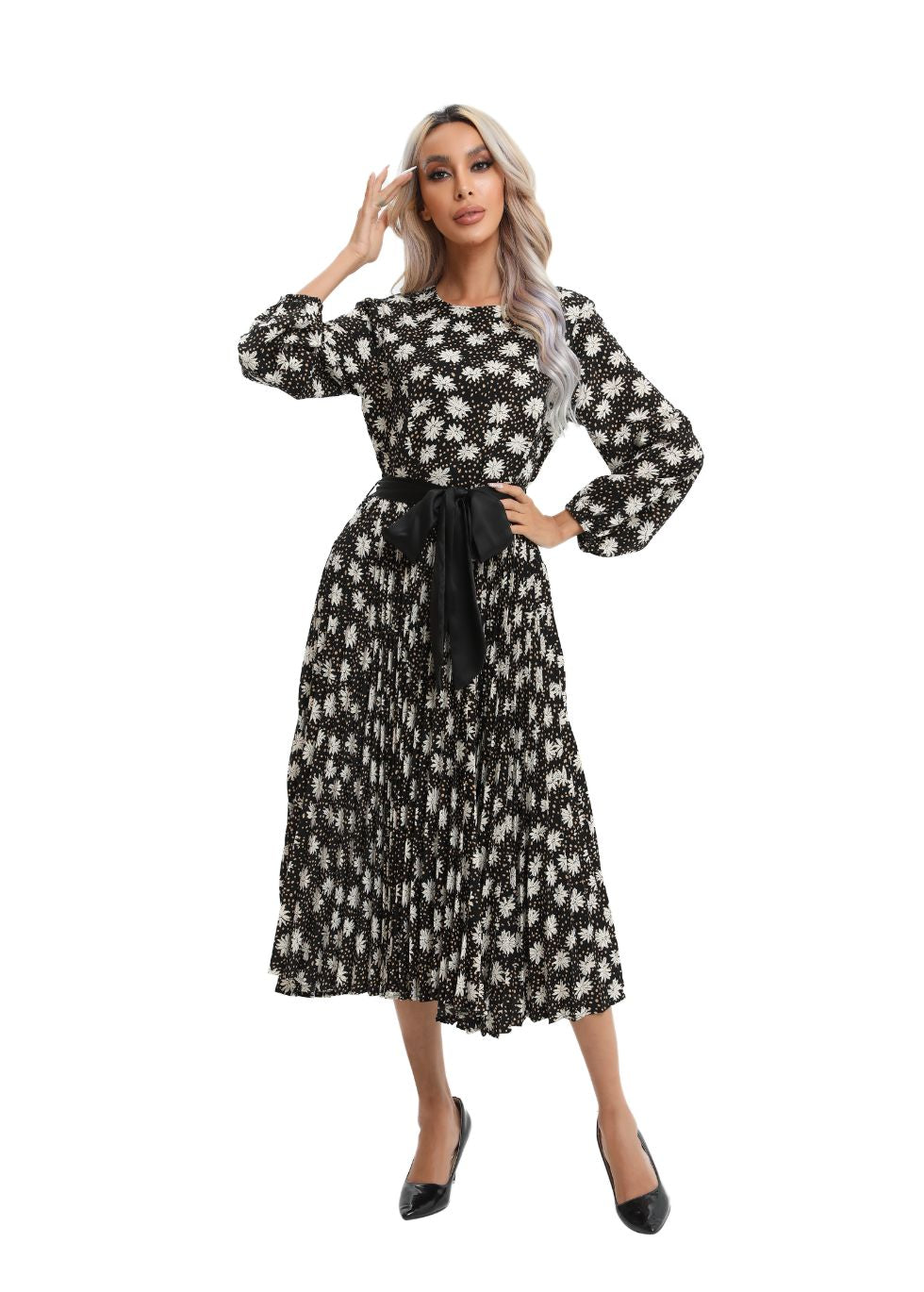 Modest Floral Midi Dress with Front Tie - MissFinchNYC