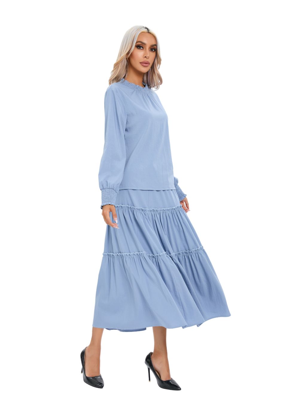 Long Sleeve Top and Tiered Skirt Midi Dress Set - MissFinchNYC