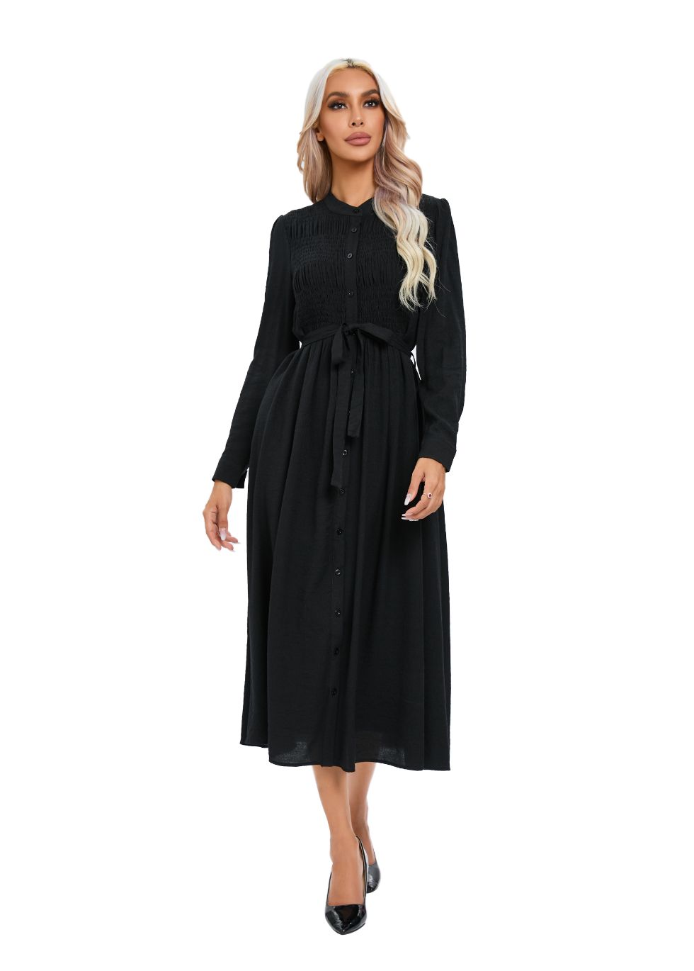 Mock Button Self Tie Midi Dress - MissFinchNYC