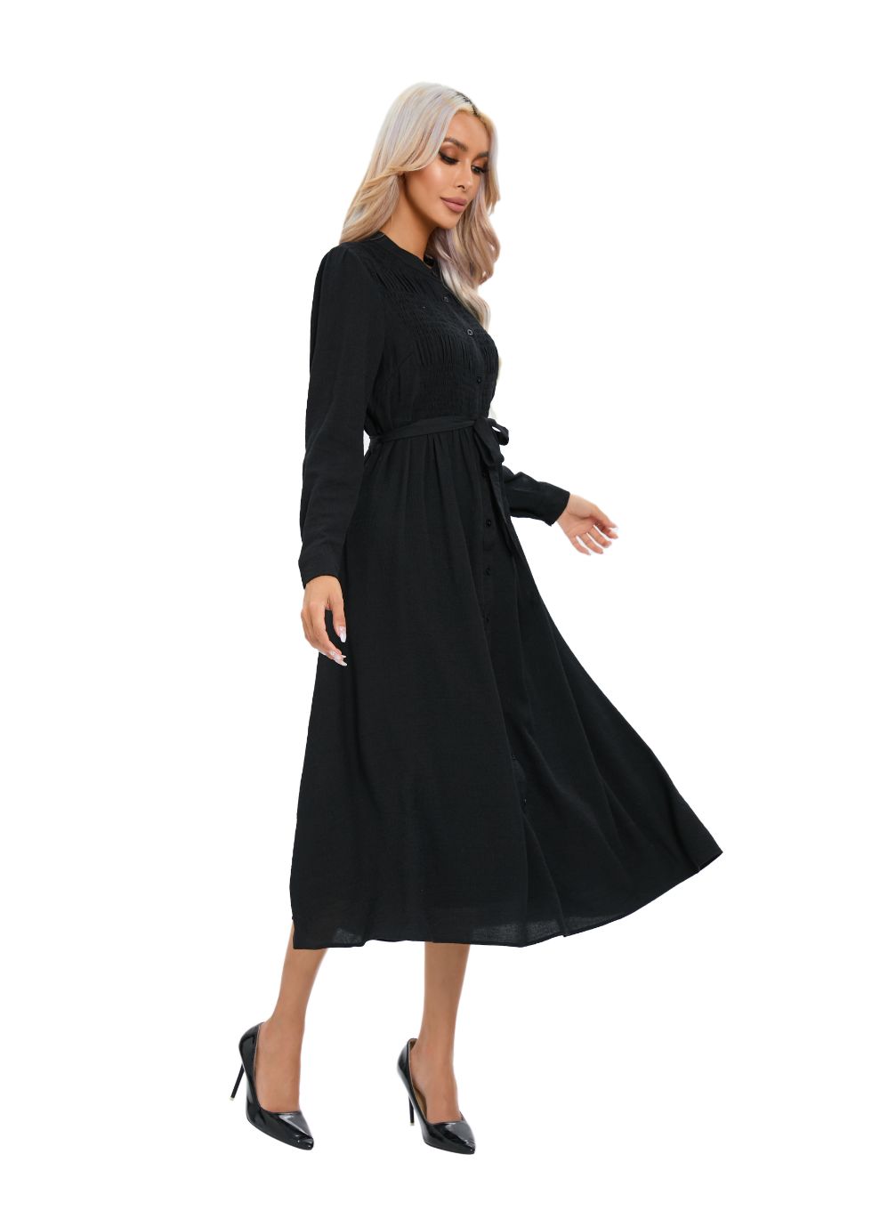 Mock Button Self Tie Midi Dress - MissFinchNYC