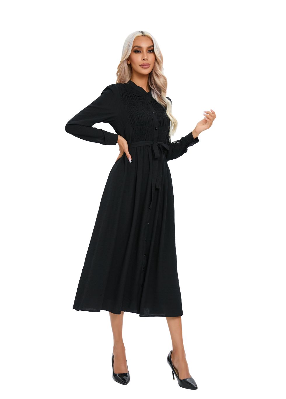 Mock Button Self Tie Midi Dress - MissFinchNYC