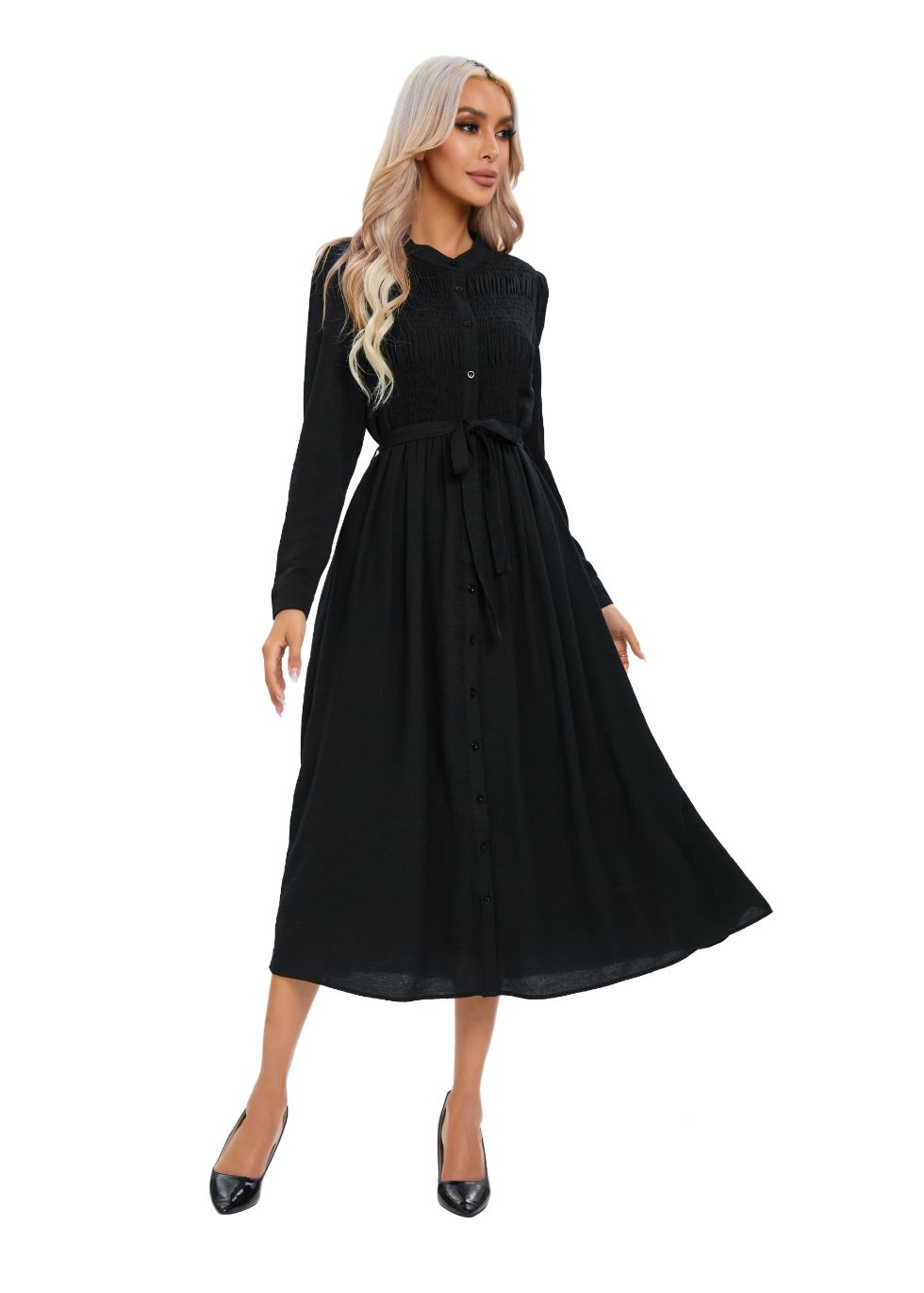 Mock Button Self Tie Midi Dress - MissFinchNYC