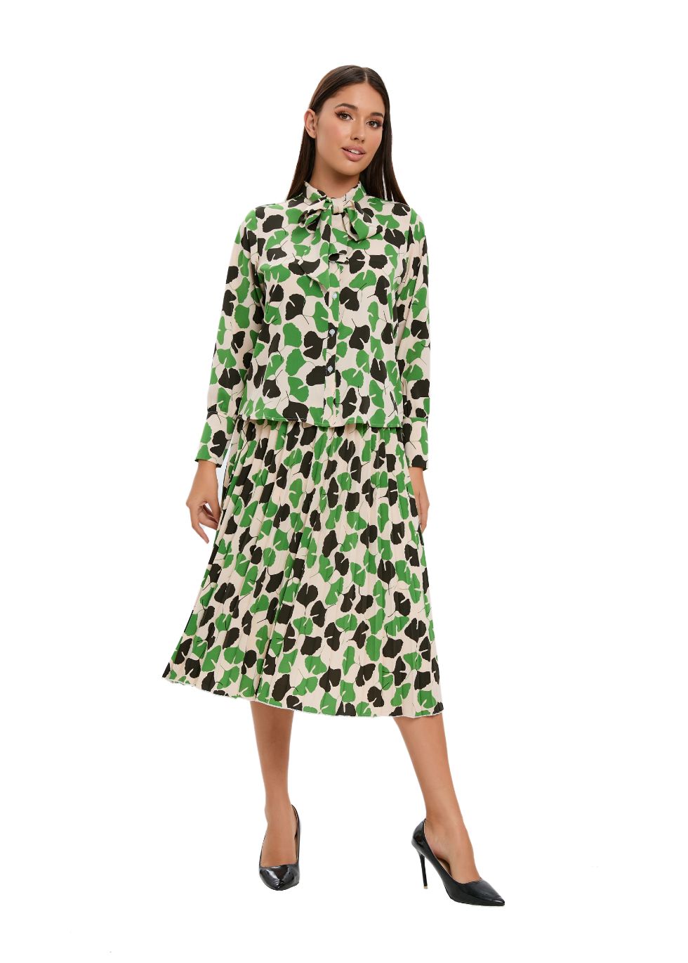 Long Sleeve Spring Print Two Piece Midi Dress Set S Long Sleeve Spring Print Two Piece Midi Dress Set S