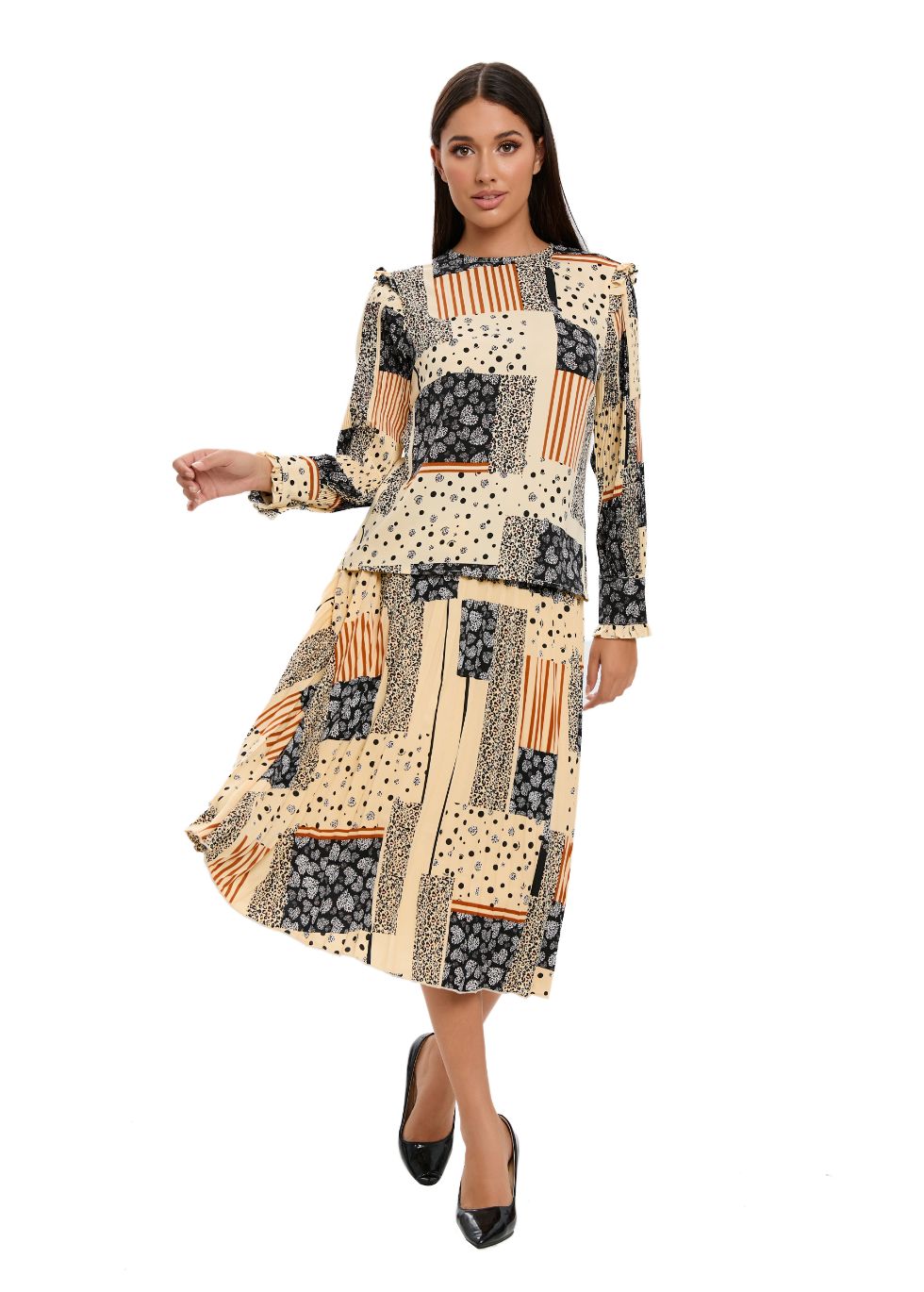 Abstract Print Two Piece Midi Dress Set L