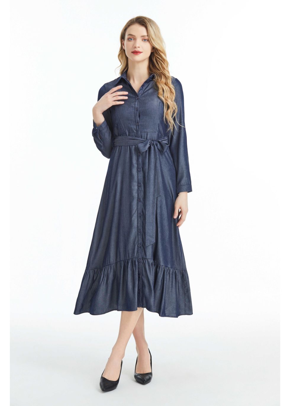 Denim Look Midi Dress with Cuffed Sleeves - MissFinchNYC