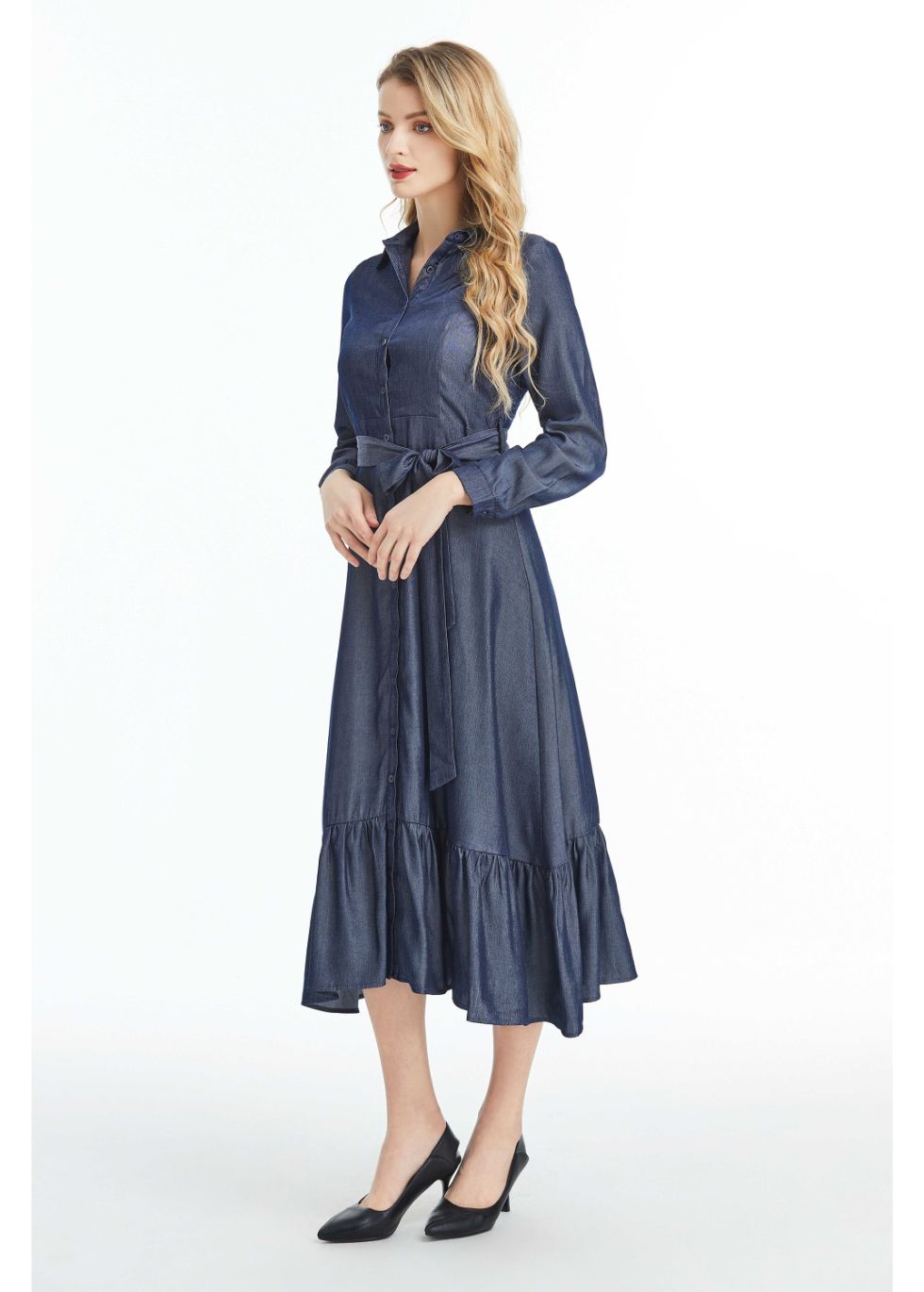 Denim Look Midi Dress with Cuffed Sleeves - MissFinchNYC