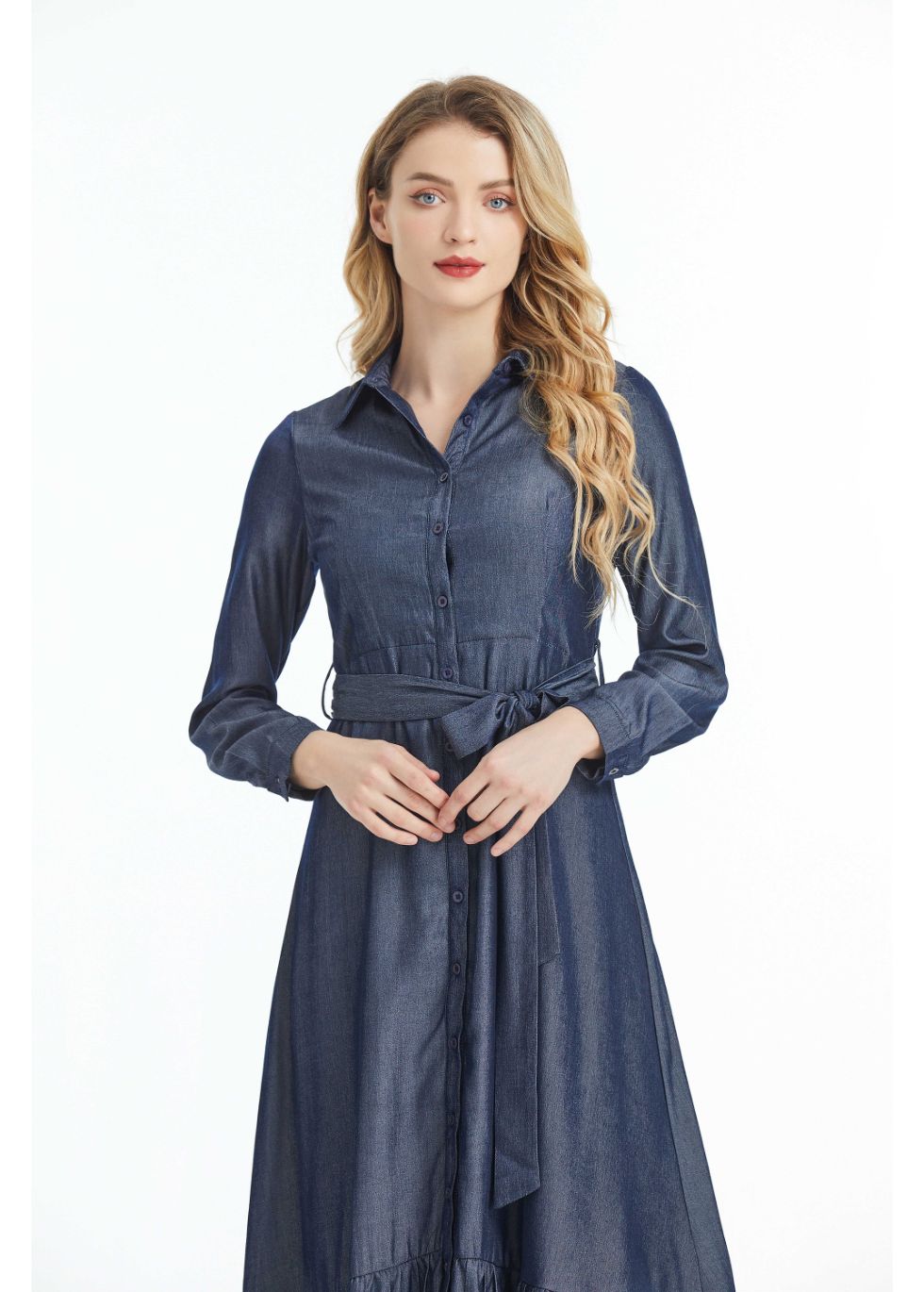 Denim Look Midi Dress with Cuffed Sleeves - MissFinchNYC