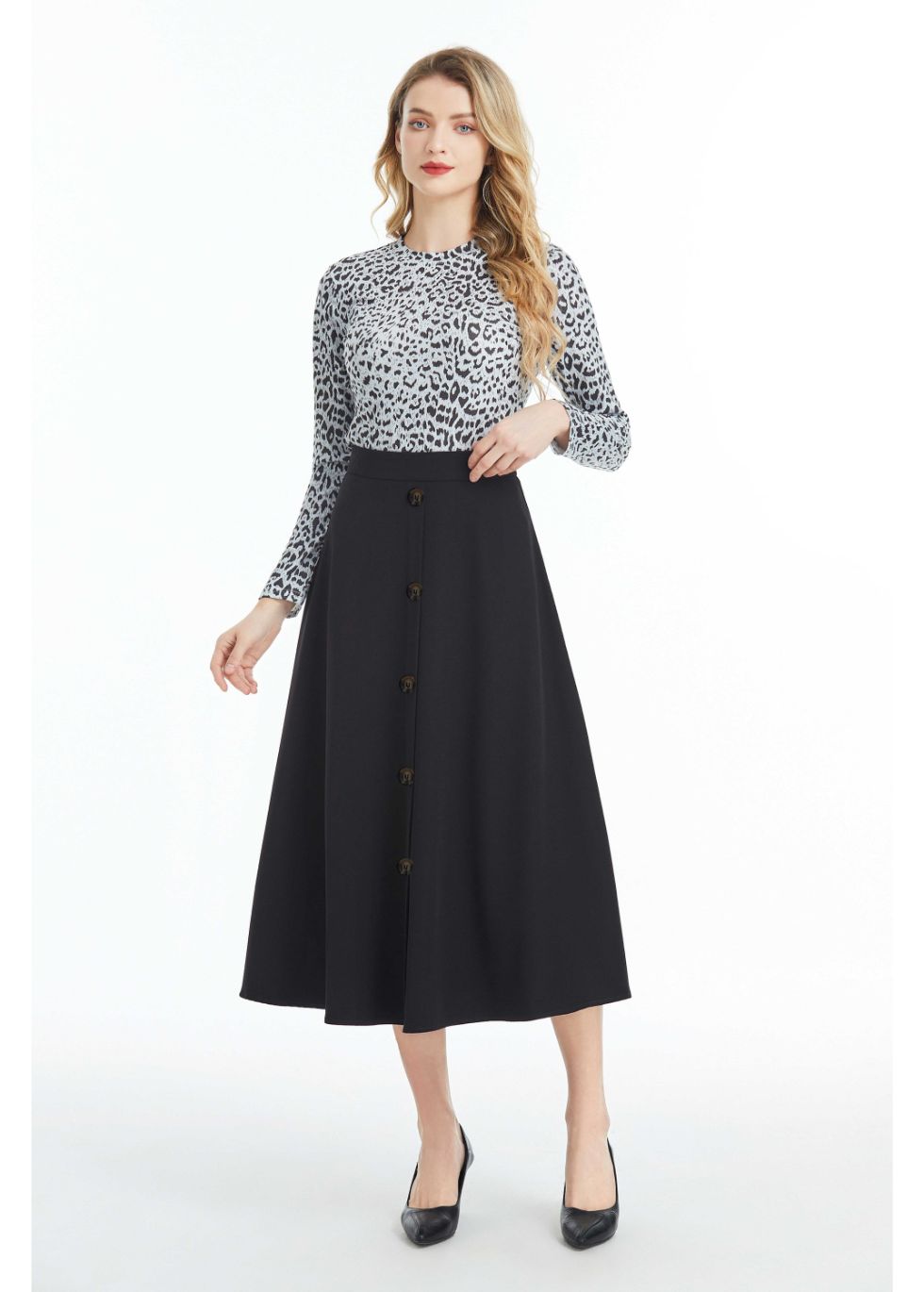 Fully Lined Black Midi Skirt with Front Button Detail - MissFinchNYC