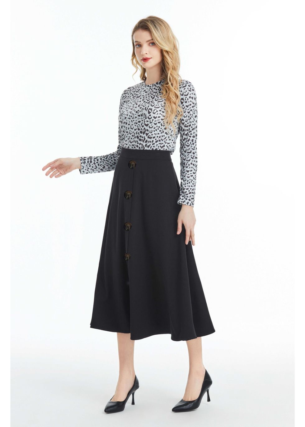 Fully Lined Black Midi Skirt with Front Button Detail - MissFinchNYC