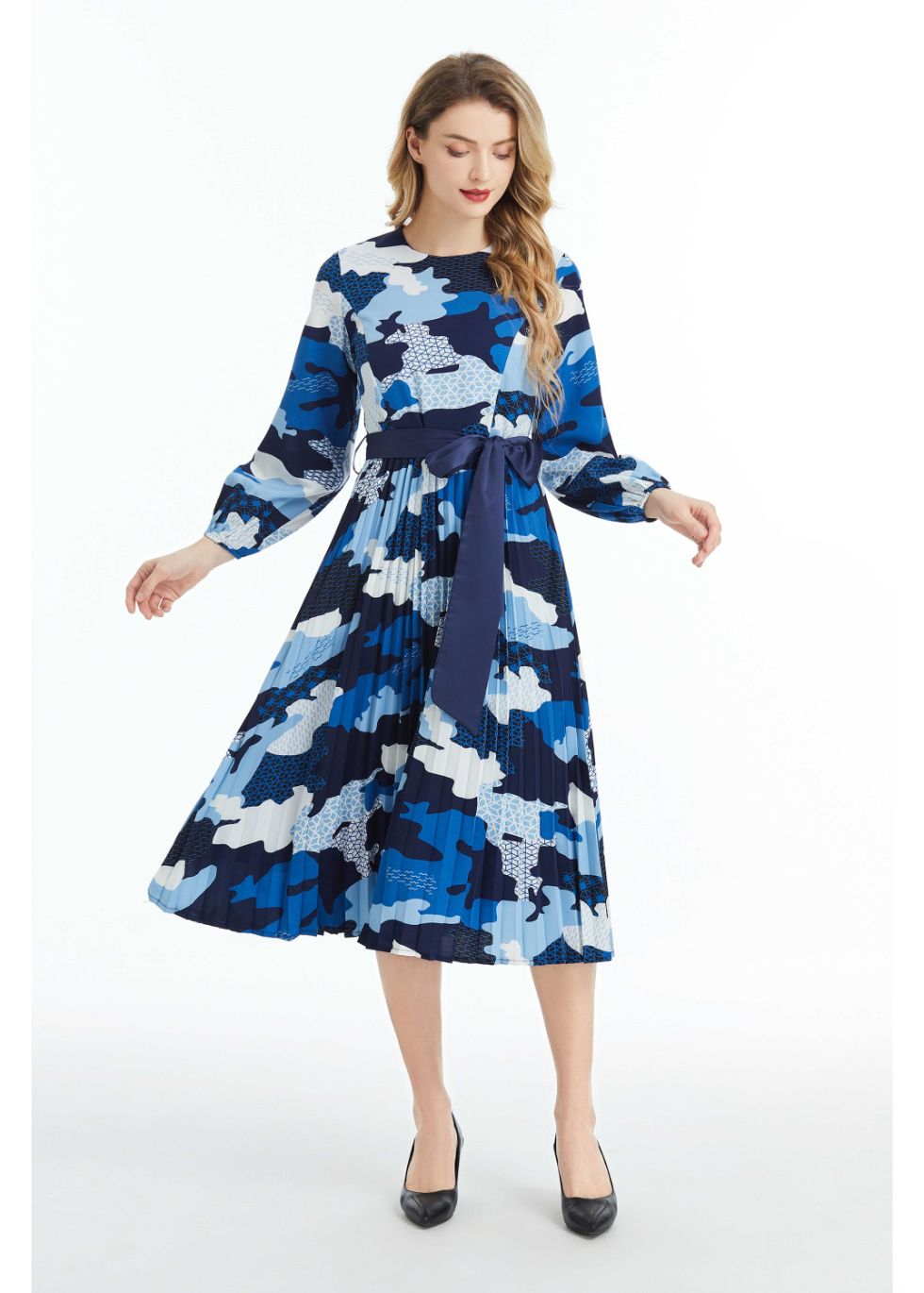 Long Sleeved Belted Colorful Print Midi Dress - MissFinchNYC