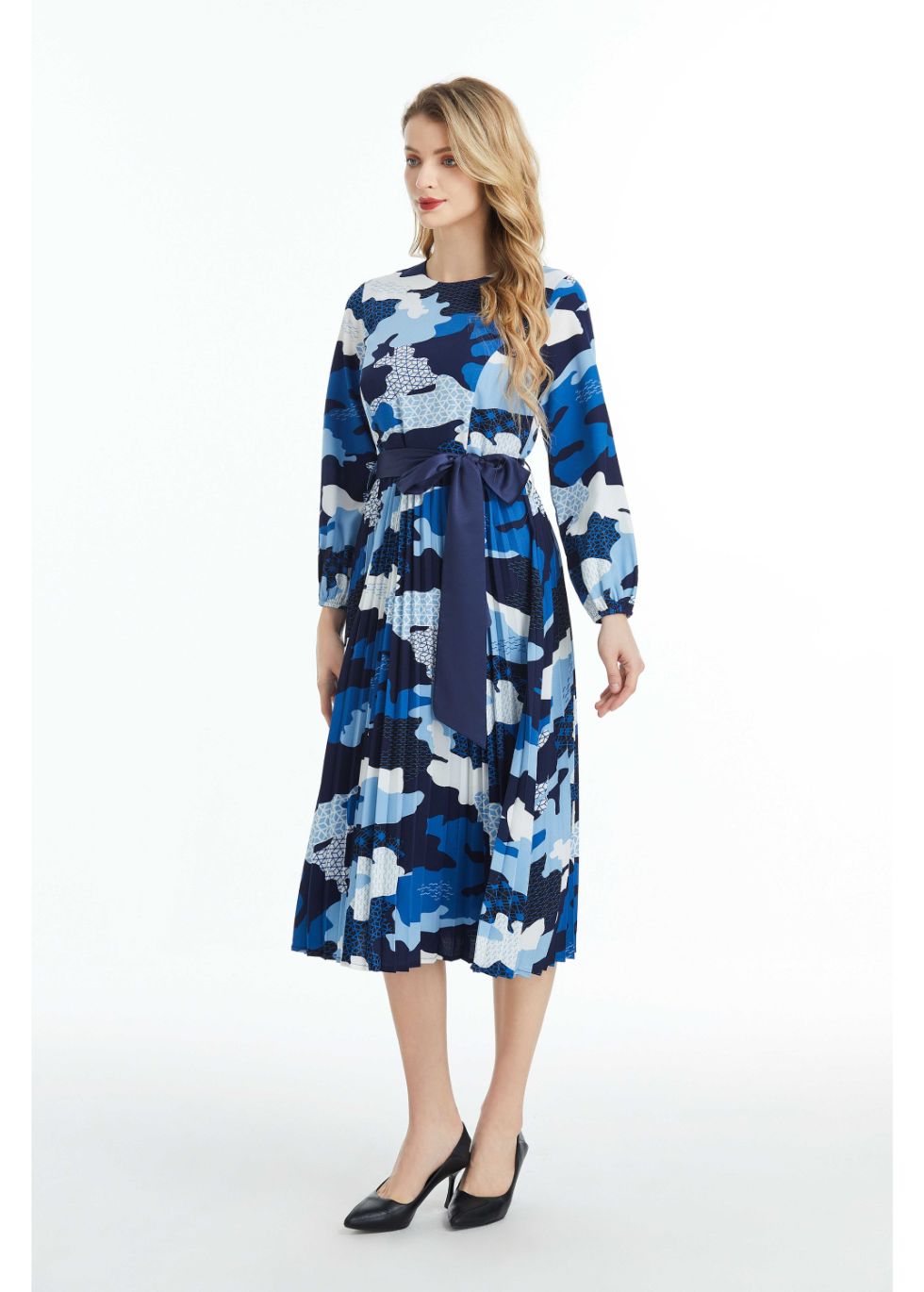 Long Sleeved Belted Colorful Print Midi Dress - MissFinchNYC