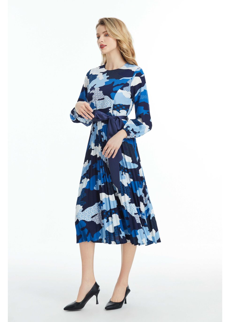 Long Sleeved Belted Colorful Print Midi Dress - MissFinchNYC