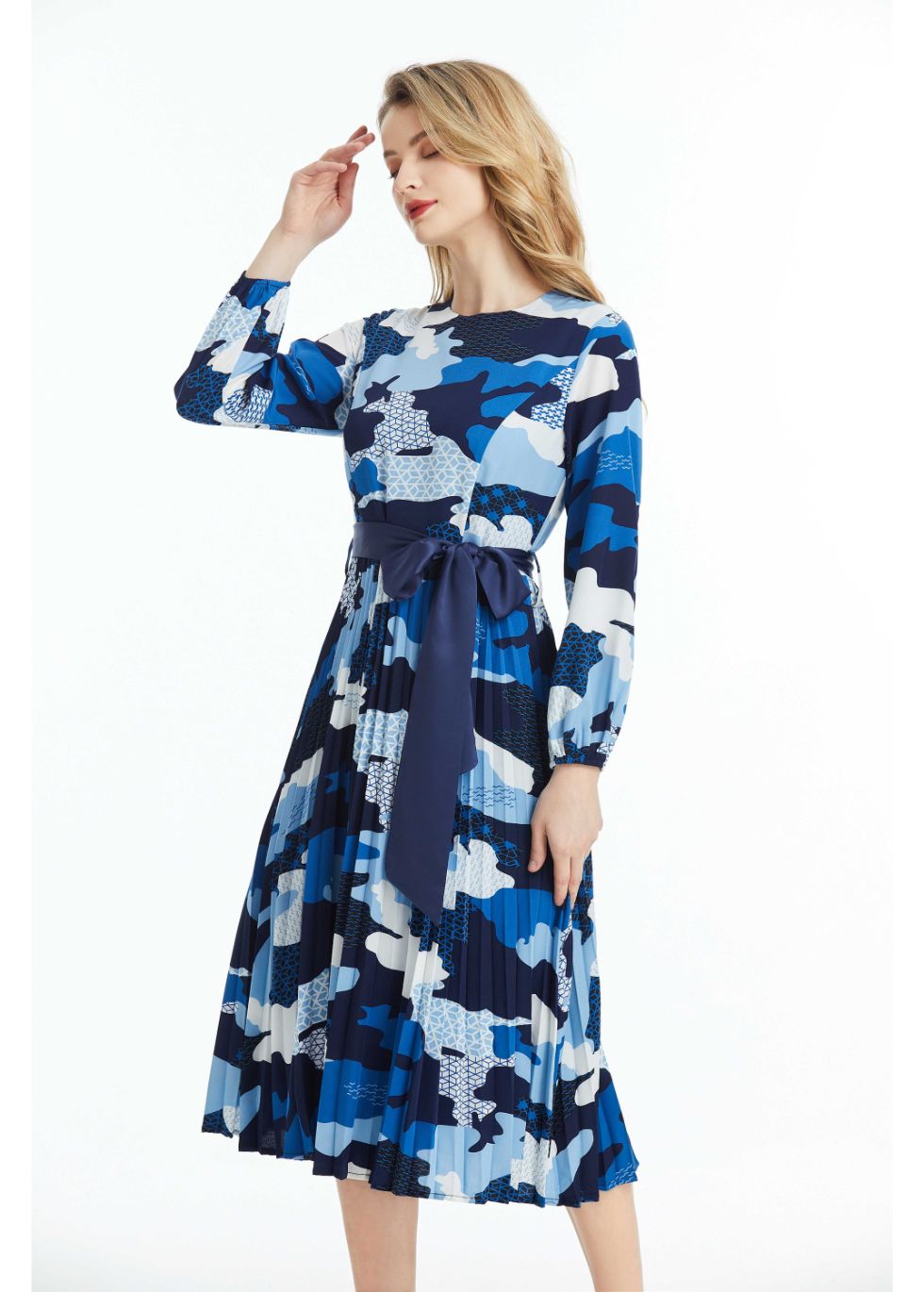 Long Sleeved Belted Colorful Print Midi Dress - MissFinchNYC