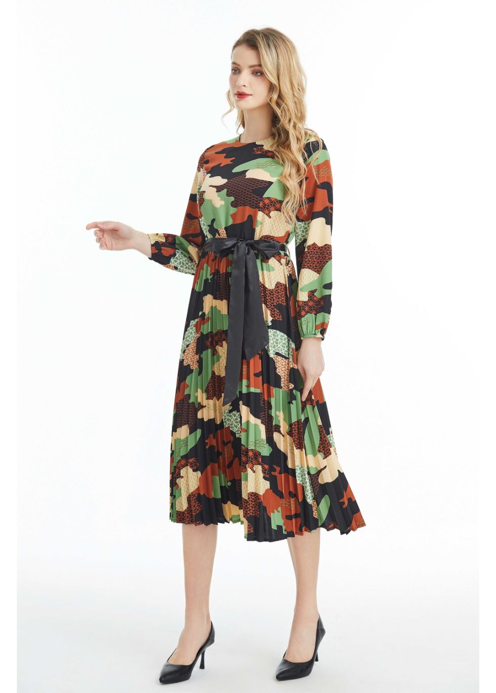 Long Sleeved Belted Colorful Print Midi Dress - MissFinchNYC