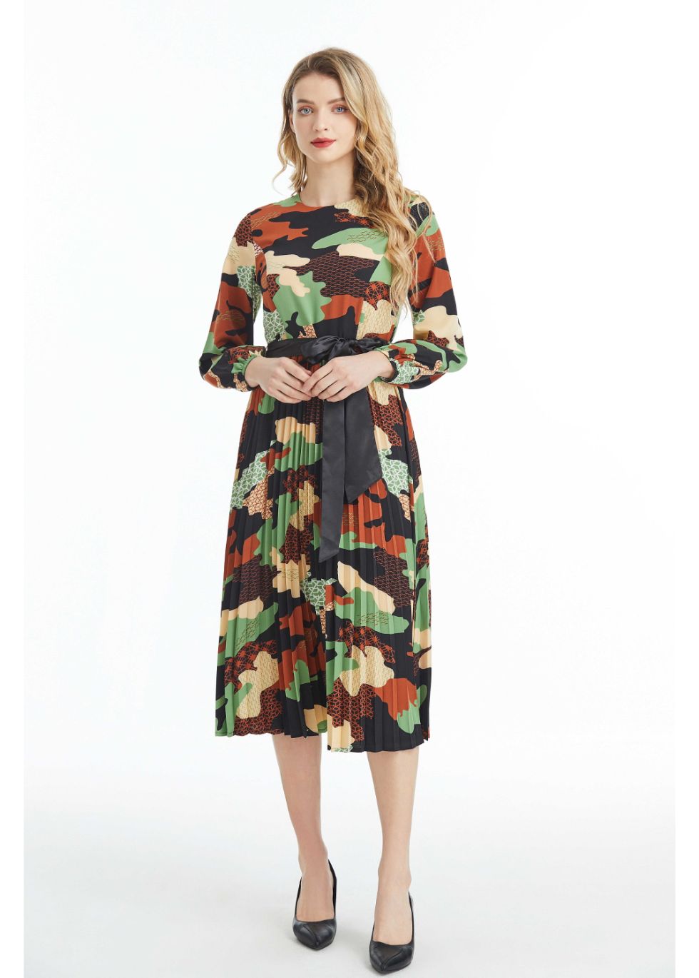 Long Sleeved Belted Colorful Print Midi Dress