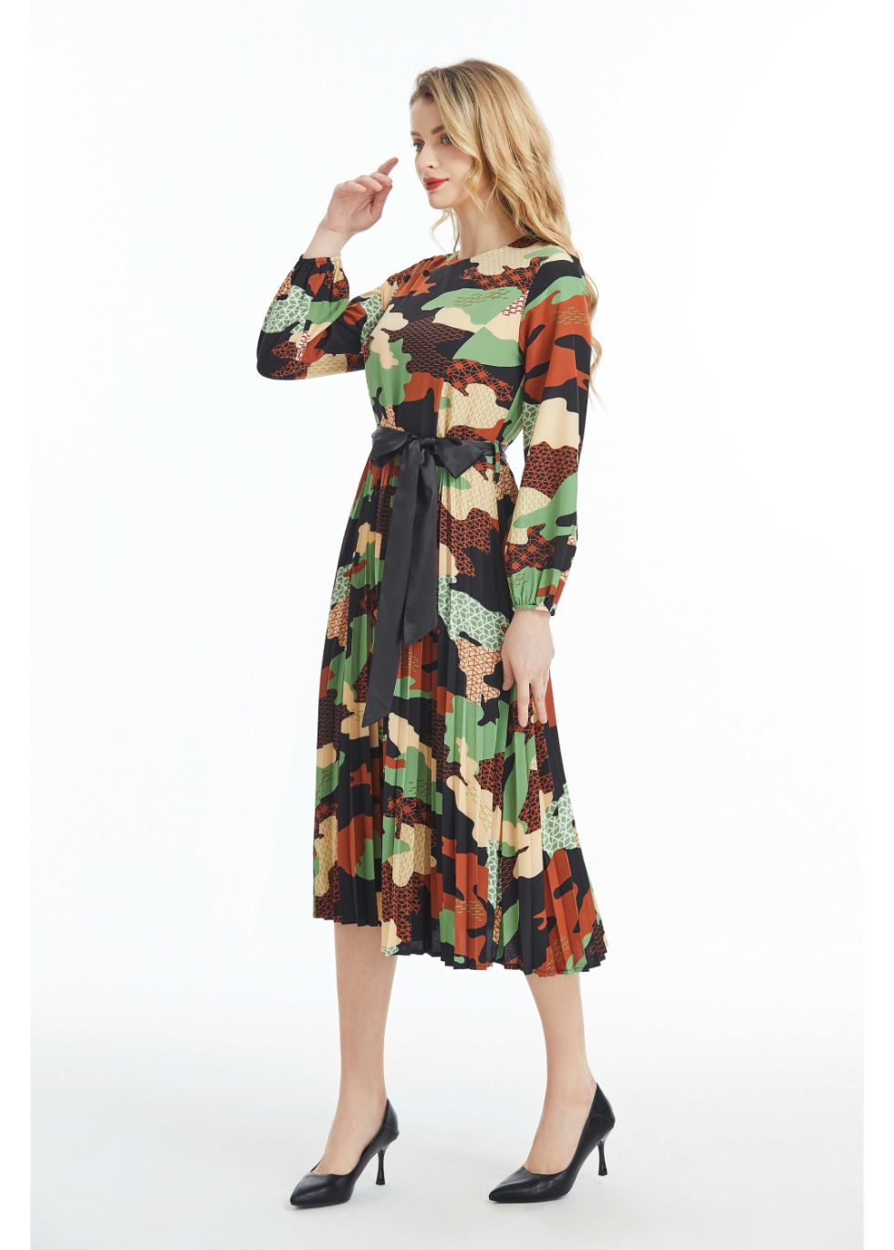 Long Sleeved Belted Colorful Print Midi Dress - MissFinchNYC