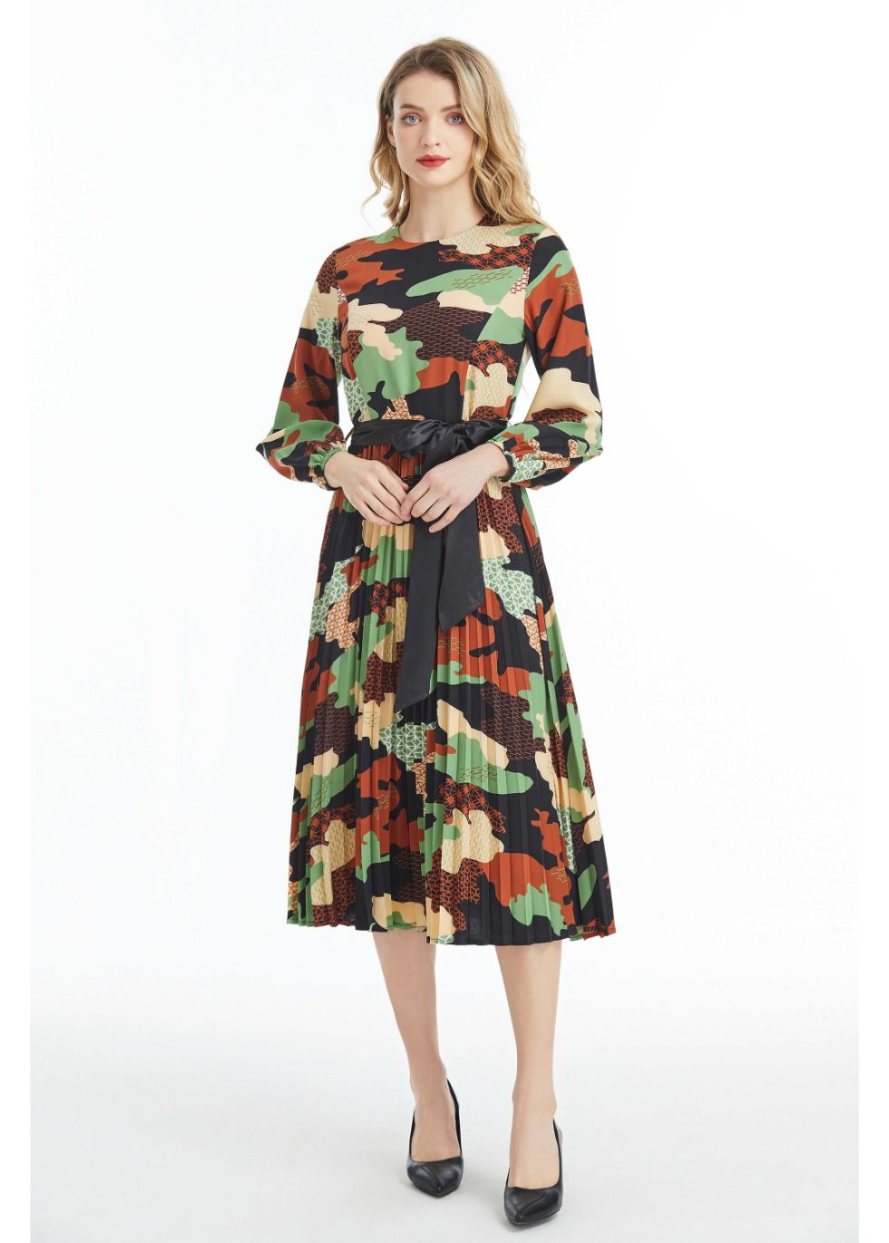 Long Sleeved Belted Colorful Print Midi Dress - MissFinchNYC