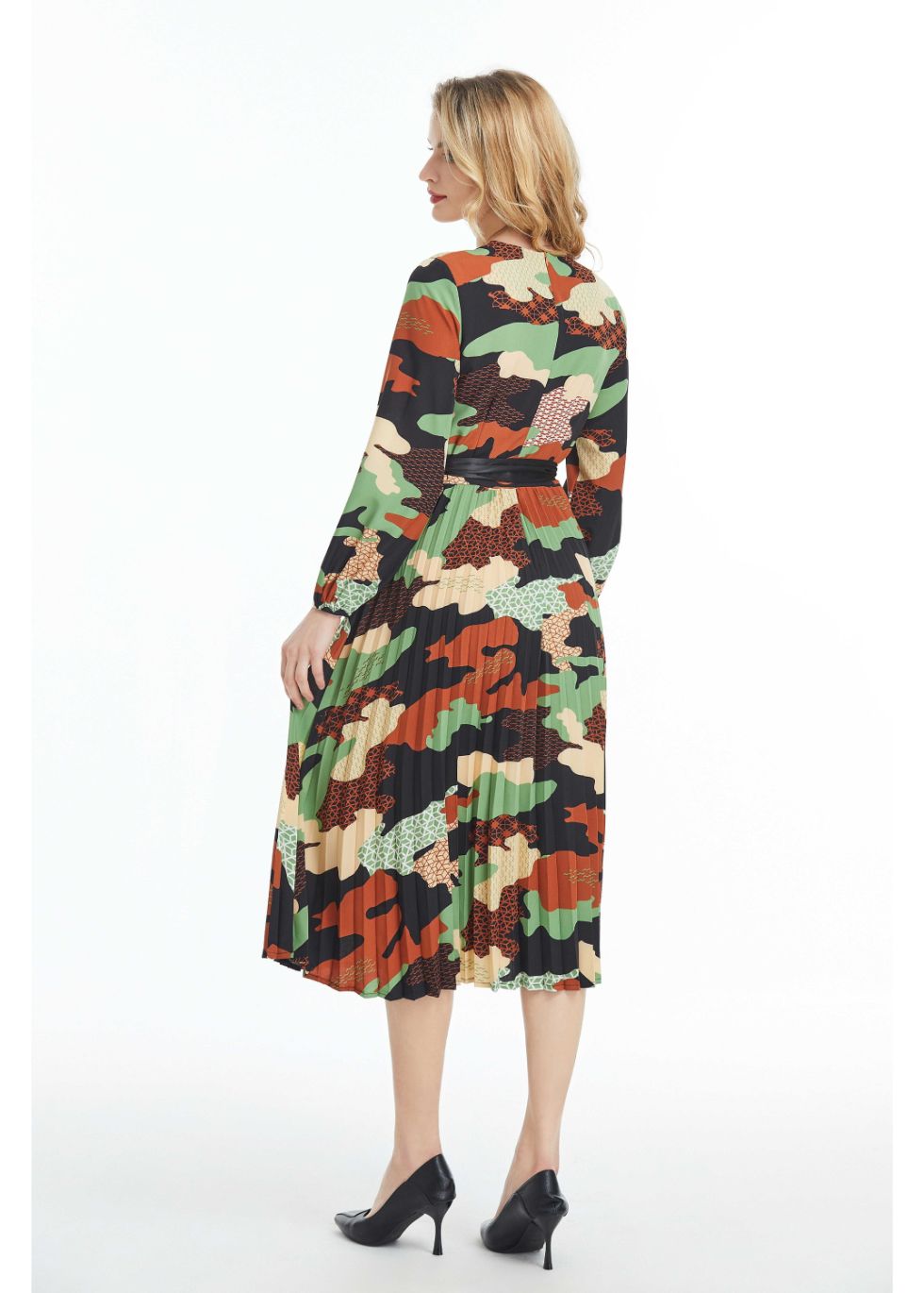 Long Sleeved Belted Colorful Print Midi Dress - MissFinchNYC