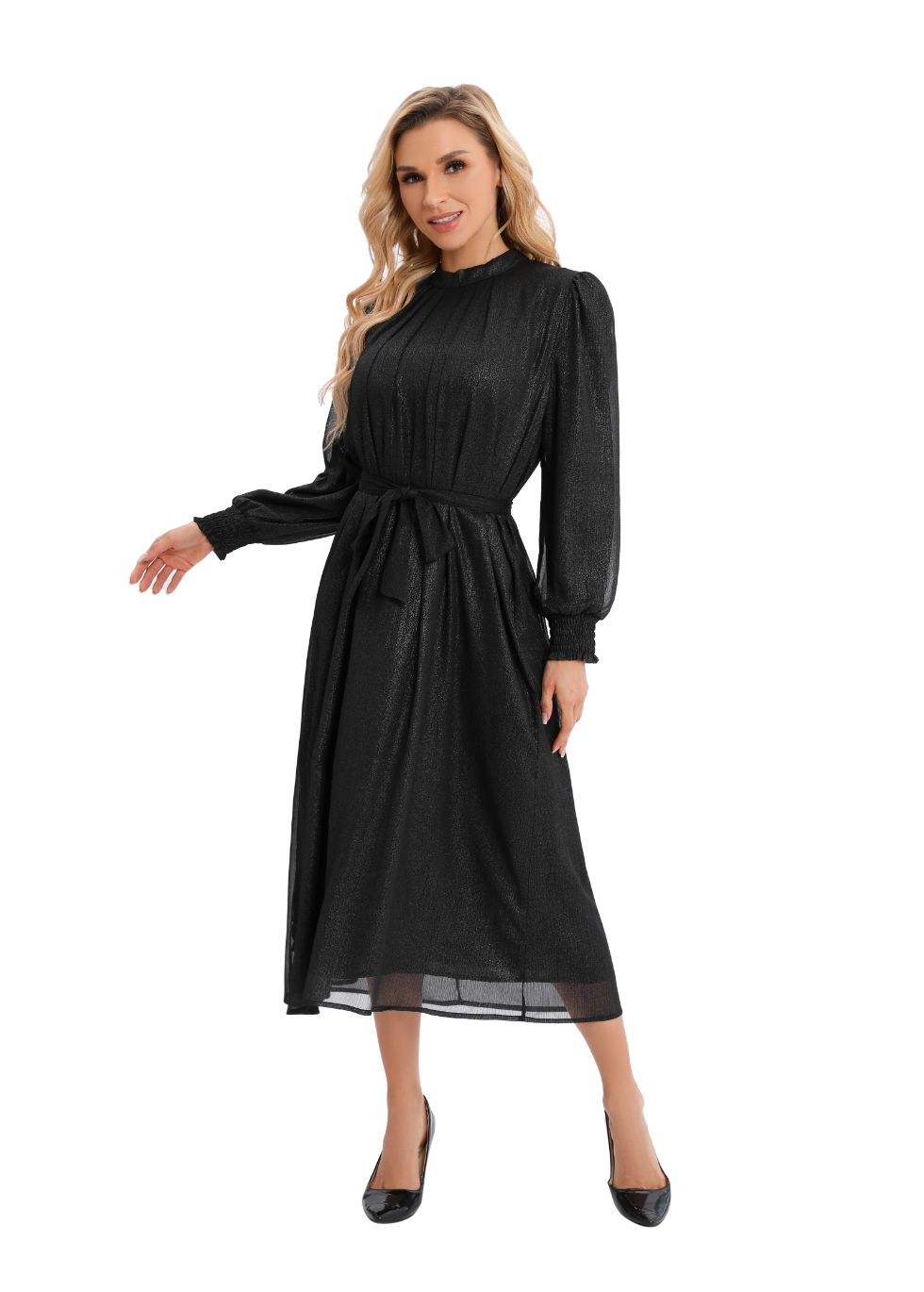 white christmas dresses Shimmering Belted Chiffon Long Sleeve Midi Dress Xs