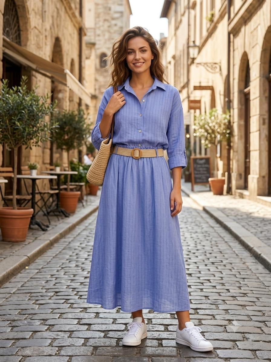 Italian Linen Shirt & Skirt Two-Piece Set with Woven Belt