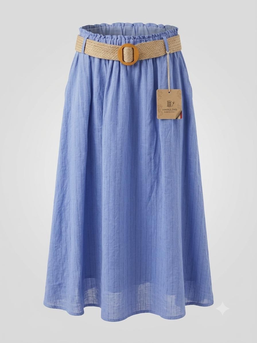 Italian Linen Shirt & Skirt Two-Piece Set with Woven Belt