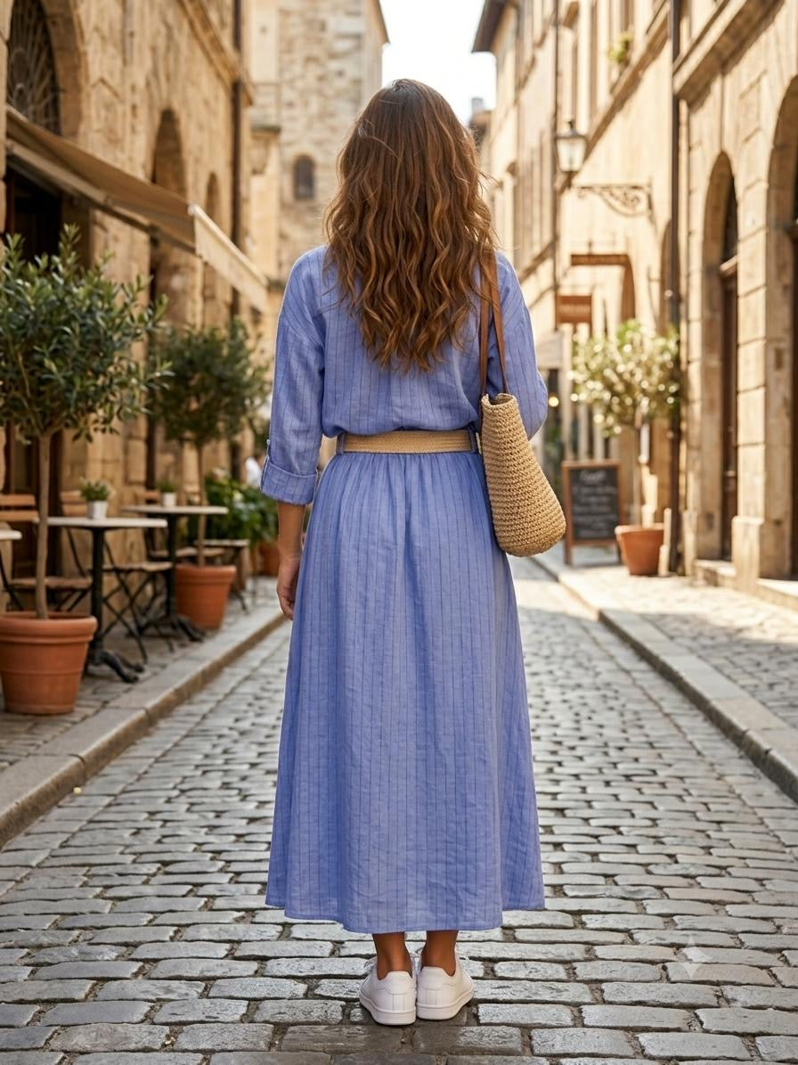 Italian Linen Shirt & Skirt Two-Piece Set with Woven Belt