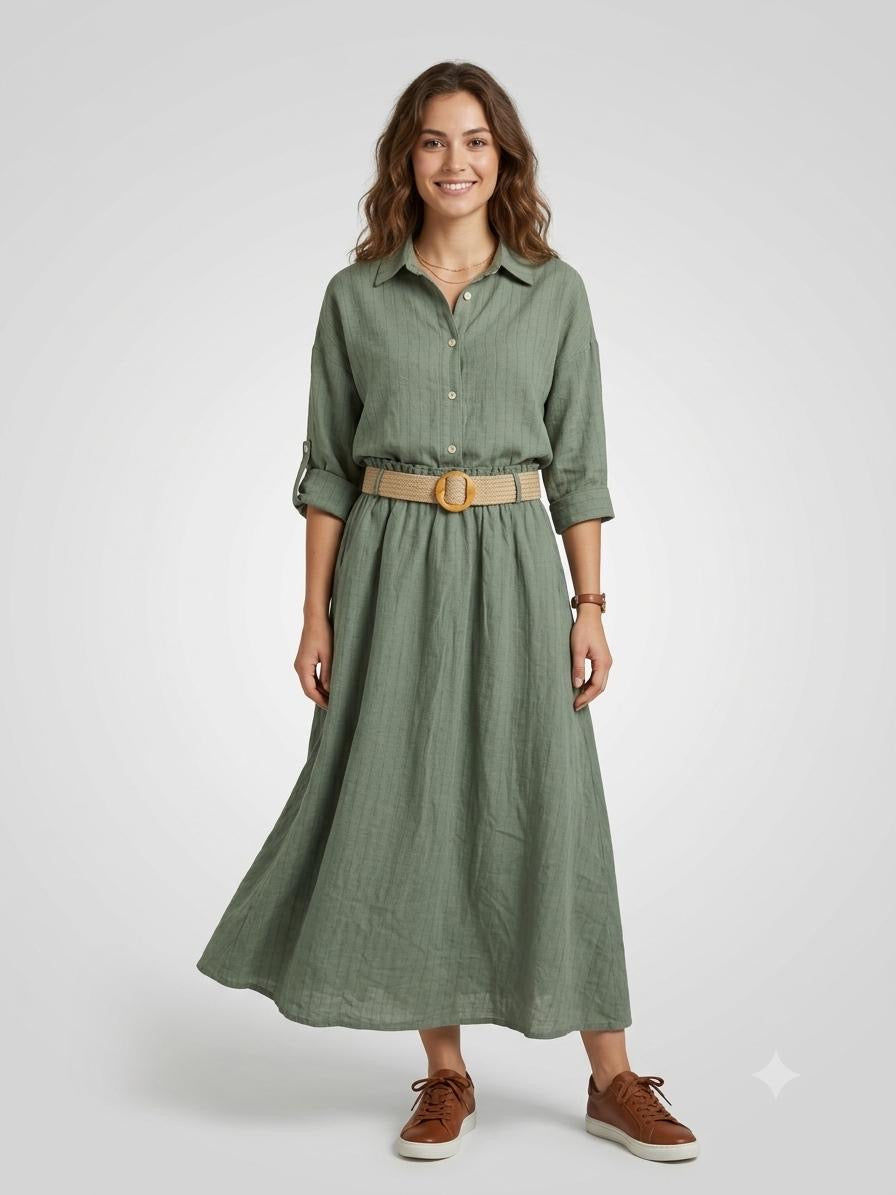Italian Linen Shirt & Skirt Two-Piece Set with Woven Belt