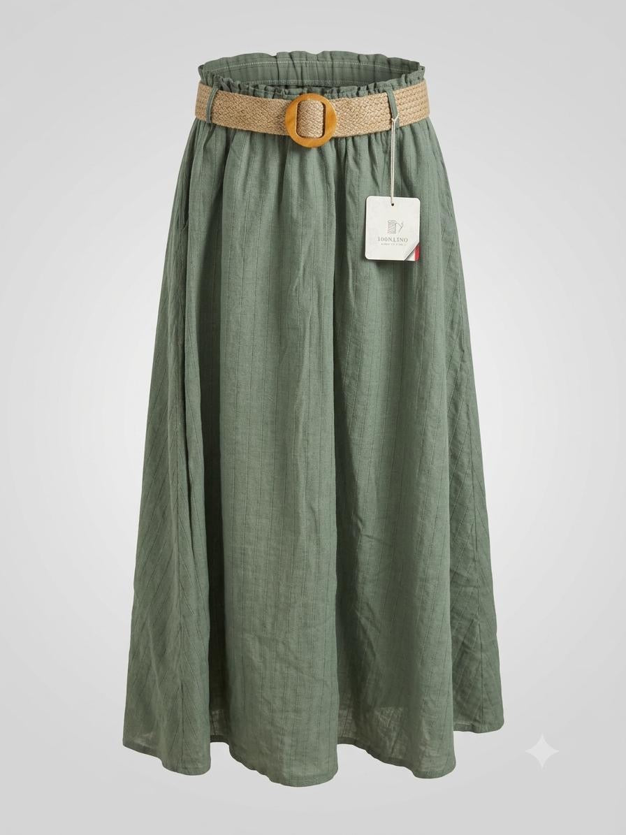 Italian Linen Shirt & Skirt Two-Piece Set with Woven Belt