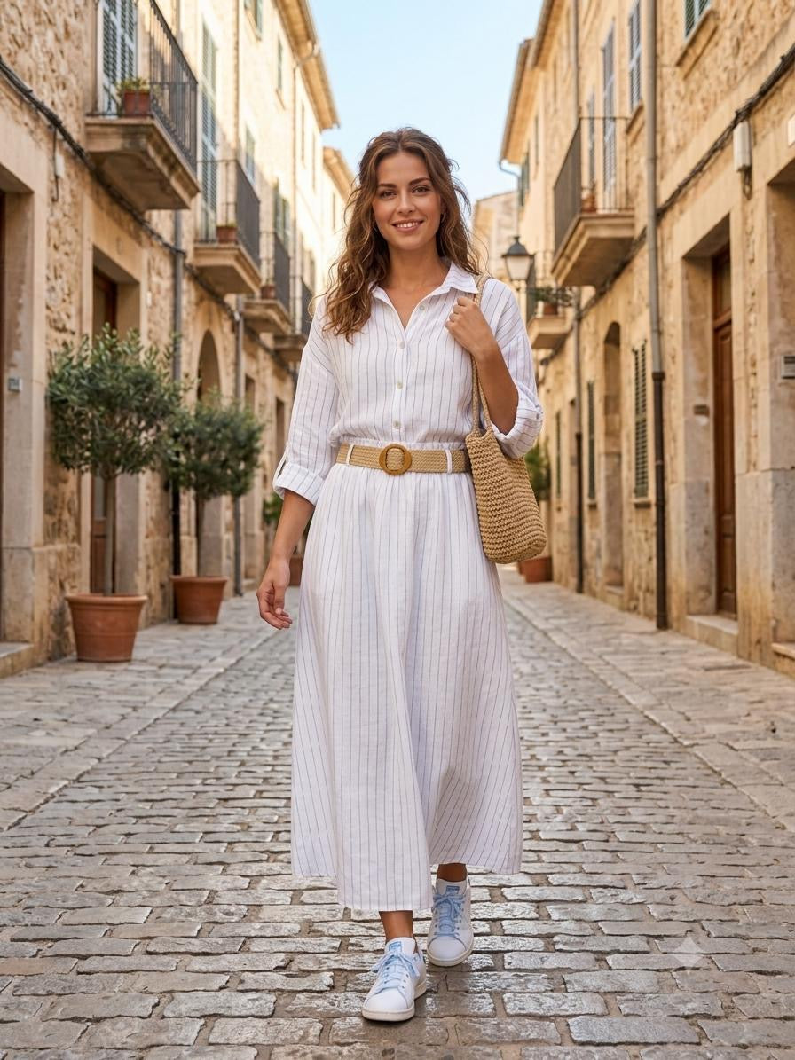 Italian Linen Shirt & Skirt Two-Piece Set with Woven Belt
