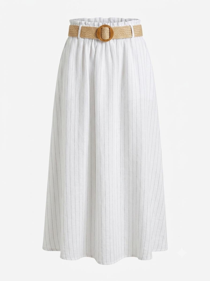 Italian Linen Shirt & Skirt Two-Piece Set with Woven Belt