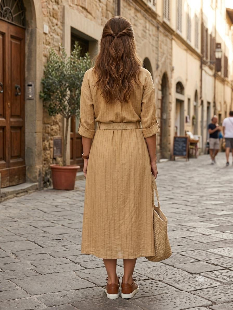 Italian Linen Shirt & Skirt Two-Piece Set with Woven Belt