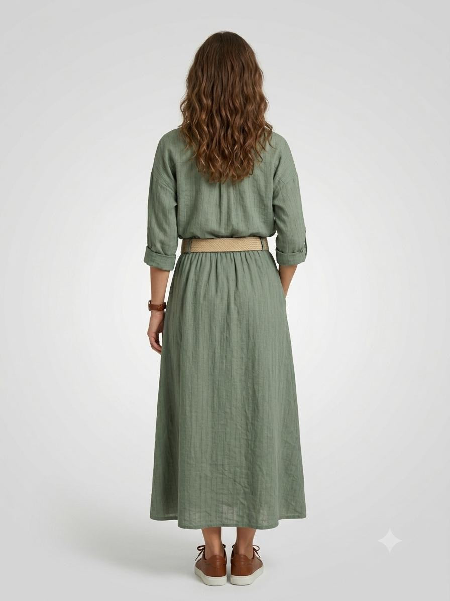 Italian Linen Shirt & Skirt Two-Piece Set with Woven Belt