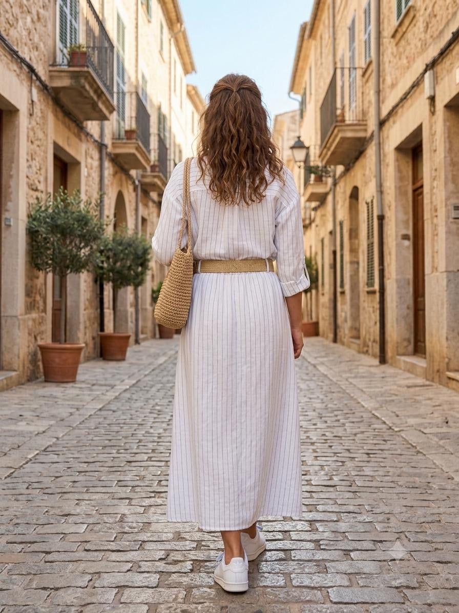 Italian Linen Shirt & Skirt Two-Piece Set with Woven Belt