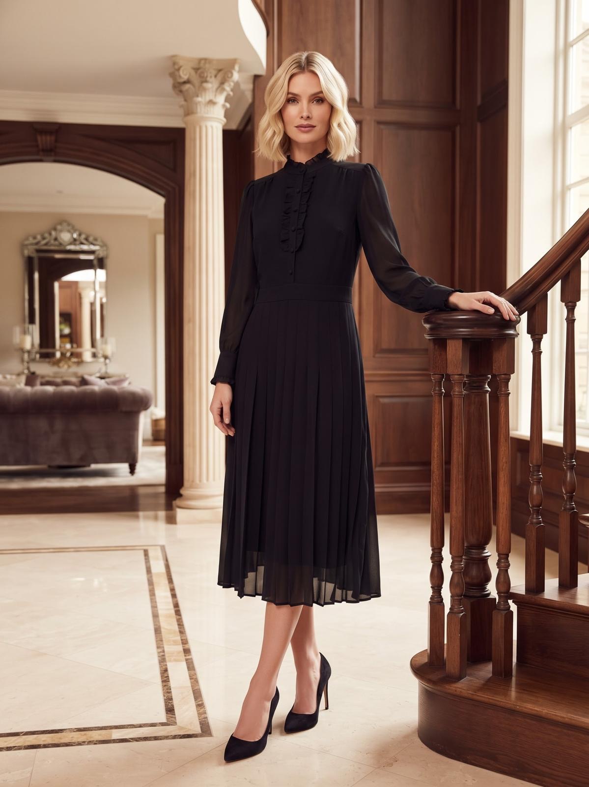 Miss Finch NYC Ruffled Mock Neck Pleated Midi Dress