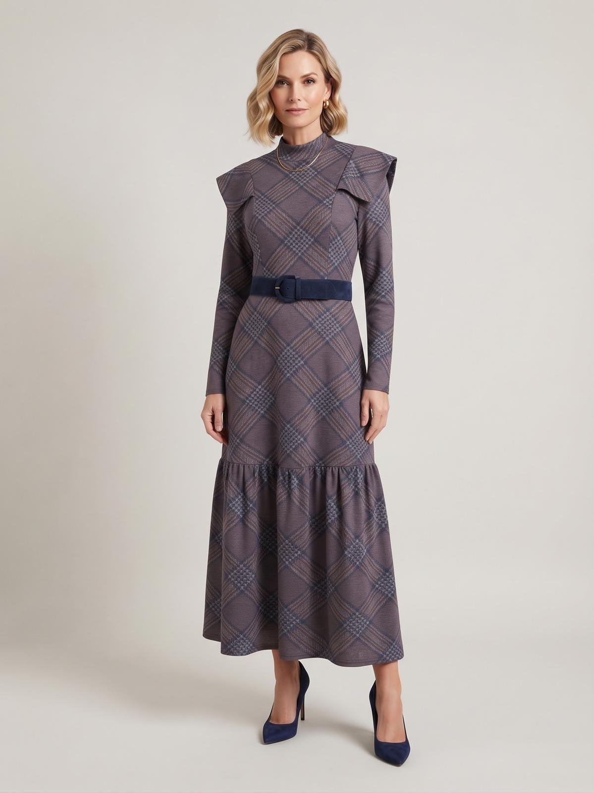 Miss Finch NYC Mock Neck Plaid Knit Midi Dress with Ruffle Details