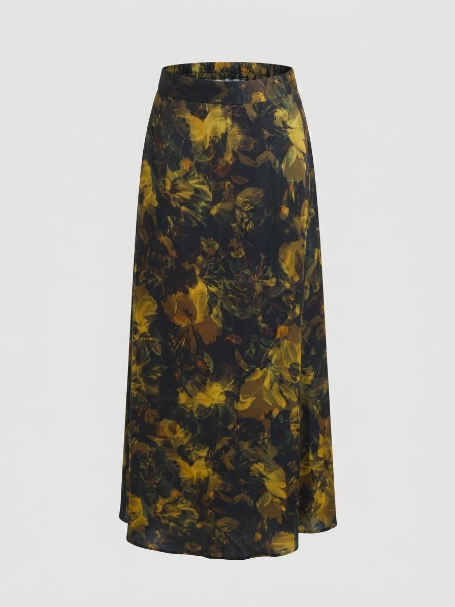 Elegant Dark Floral 2-Piece Satin Midi Set with Elastic Waist | Made in Italy