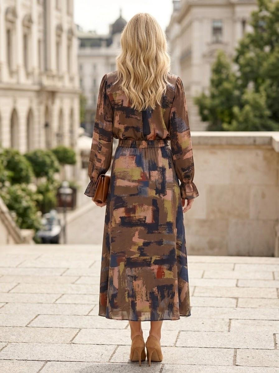 Brown Abstract Print Satin Viscose 2-Piece Set | Made in Italy