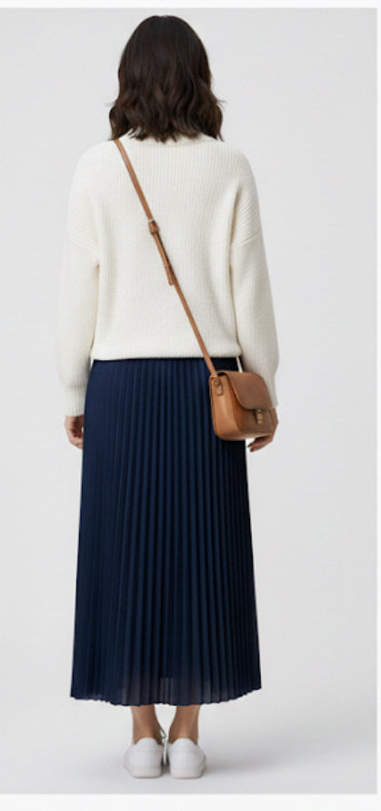 Navy Pleated Lightweight Solid Skirt