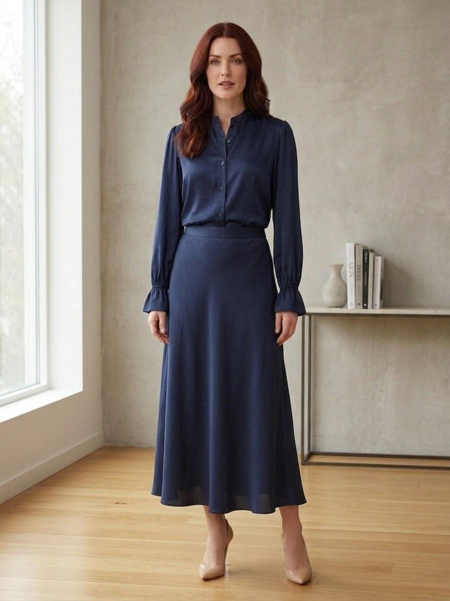 Elegant Made in Italy Navy Blue 2-Piece Satin Midi Set with Elastic Waist