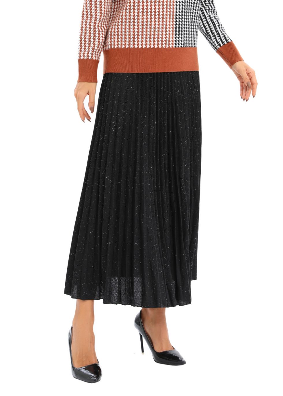 Glitter & Black Midi Pleated Skirt