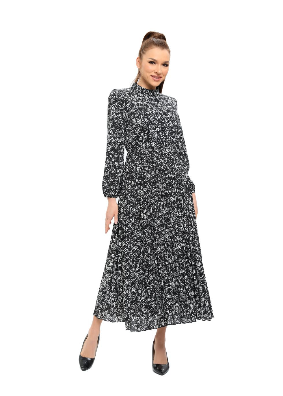 Elegant Floral Print Long Sleeve Midi Dress with Modest Cut - MissFinchNYC